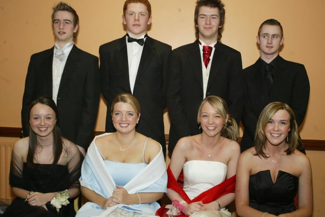 Ann Harkin, Rosemary Lafferty, Ciara Hamilton McDaid and Jenna McGrath with Mark Gillen, Stephen Corr, Ricard Crowley and Barry Doherty.  (0203JB41):Attendees enjoying the Thornhill College formal in April 2004.