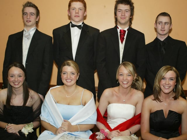 Ann Harkin, Rosemary Lafferty, Ciara Hamilton McDaid and Jenna McGrath with Mark Gillen, Stephen Corr, Ricard Crowley and Barry Doherty. (0203JB41):Attendees enjoying the Thornhill College formal in April 2004.
