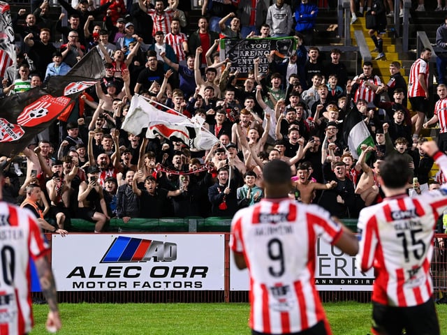 Derry City supporters celebrate after the SSE Airtricity Men's Premier Division match between Derry City and Shamrock Rovers at Find Insurance Celtic Park in Derry. Photo by Stephen McCarthy/Sportsfile