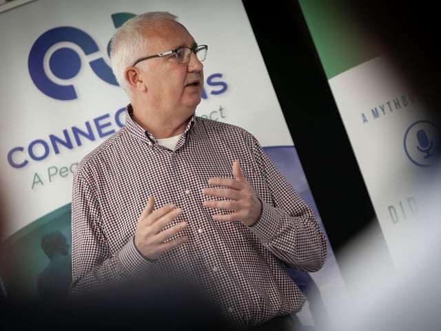 THE EXODUS. . . . .Author, Brian Dougherty addressing the attendance at Monday's "Did Ye Hear About?" at the Gasyard. (Photos: Jim McCafferty Photography) : .