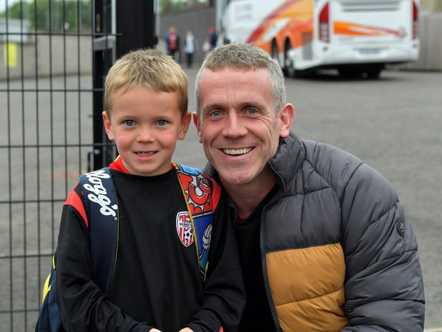 Smiling Derry City fans at the Brandywell for the game against UCD on Friday evening last. Photo: George Sweeney.  DER2320GS – 112