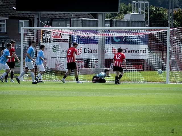 GOAL!. . . . .Tristar goalkeeper Cayden McGarrigle can only watch as this shot crosses the line on Saturday. (Photos: Jim McCafferty Photography)