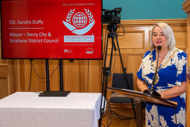The Mayor Councillor Samndra Duffy pictured at the launch of the International Cities of Peace co-led by the  Rev David Latimer. Picture Martin McKeown. 31.05.23