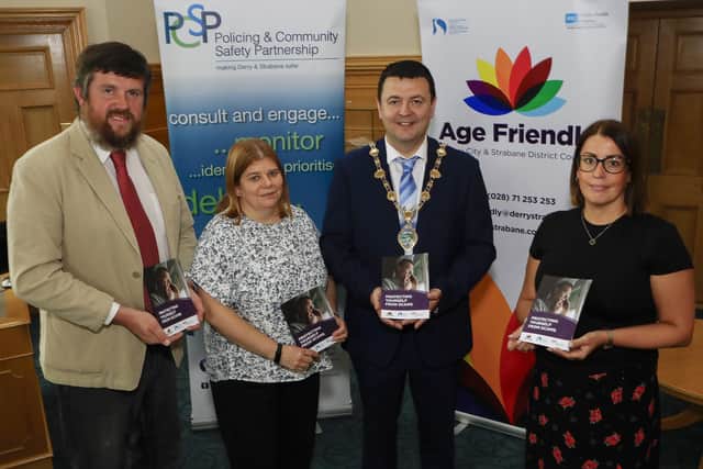 Mayor of Derry and Strabane, Councillor Ruairí McHugh, pictures launching the "Protecting Yourself from Scams" information leaflet with Keith Kerrigan, Chairperson, PCSP, Aileen Murphy, PCSP, and on right Pauline O'Neill, Age Friendly officer, held in the Mayor's Parlour. (Photo - Tom Heaney, nwpresspics)