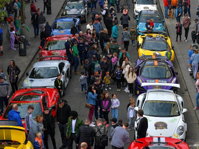 48 super cars and American Muscle cars took part in the Bear Run from Derry’s Shipquay Street to Donegal and Inishowen, on Saturday morning, raising funds for Bumbleance, the Children’s Ambulance Service. Photo: George Sweeney. DER2317GS – 115