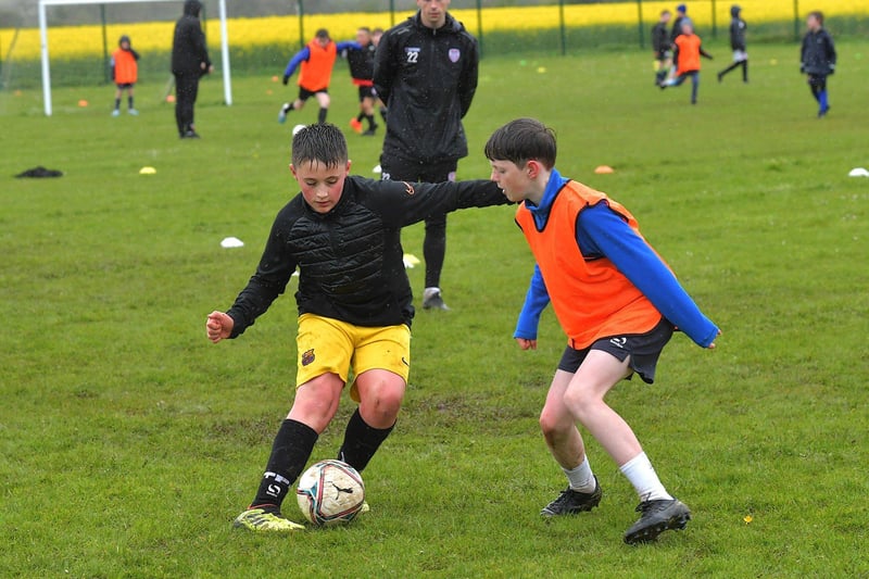 Soccer skills on show at the Derry City Easter Camp, on Tuesday,  at Broadbridge Primary School. Picture: George Sweeney. DER2315GS – 128