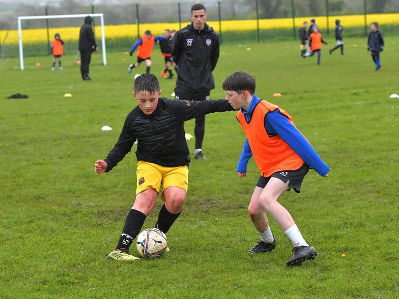 Soccer skills on show at the Derry City Easter Camp, on Tuesday, at Broadbridge Primary School. Picture: George Sweeney. DER2315GS – 128
