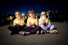 DARKNESS INTO LIGHT. . . . .Three of the younger walkers in Saturday's 'Darkness Into Light' walk - Lila O'Neill, Rose Hassan and Katie Wilson pictured before the start of Saturday's event. Around 1000 participants of all ages, made the early morning jaunt from Sainsburys, across Craigavon Bridge, past the railway station and across the Peace Bridge before finishing at Sainsburys again. Well done to all and thanks from All at HURT!