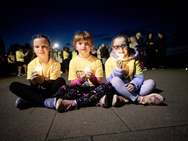 DARKNESS INTO LIGHT. . . . .Three of the younger walkers in Saturday's 'Darkness Into Light' walk - Lila O'Neill, Rose Hassan and Katie Wilson pictured before the start of Saturday's event. Around 1000 participants of all ages, made the early morning jaunt from Sainsburys, across Craigavon Bridge, past the railway station and across the Peace Bridge before finishing at Sainsburys again. Well done to all and thanks from All at HURT!