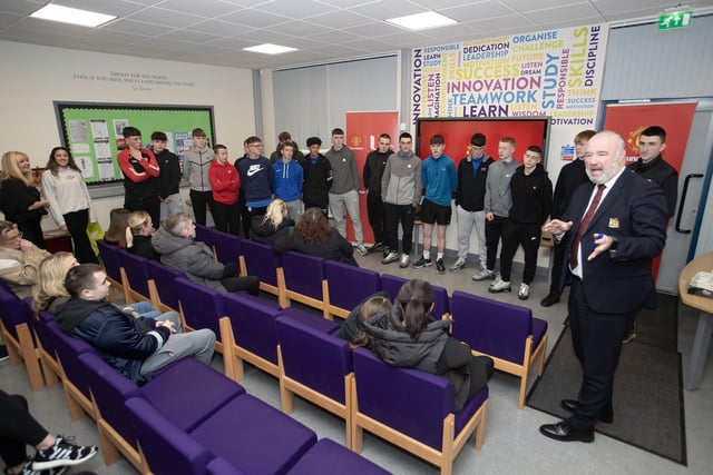 Foundation CEO John Shiels pictured at Thursday night's launch with the so-far prospective Manchester United Foundation students who hope to participate in the new Level 3 Btec Diploma being offered by St. Joseph's Boys School, Derry. (Photos: Jim McCafferty Photography)