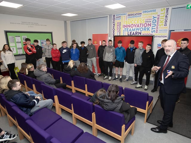 Foundation CEO John Shiels pictured at Thursday night's launch with the so-far prospective Manchester United Foundation students who hope to participate in the new Level 3 Btec Diploma being offered by St. Joseph's Boys School, Derry. (Photos: Jim McCafferty Photography)
