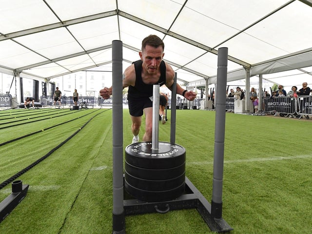 Derry man Mark Mullan pushes the sled in the Ebrington Hyrox on Saturday morning. Photo: George Sweeney