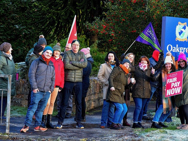 Health and care workers from NIPSA, UNISON and GMB trade unions, campaigning for fair pay and conditions, take part in industrial action at Gransha on Monday morning. Photo: George Sweeney. DER2250GS – 12