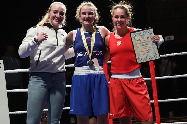 World European and Commonwealth champion, Amy Broadhurst, with boxers, Nicole Clyde (Antrim) and Carley McNaul (Ormeau Road), winner of the 52 kg bout at the Ulster Elite Boxing Finals held  in the Guildhall. (Photo - Tom Heaney, nwpresspics)