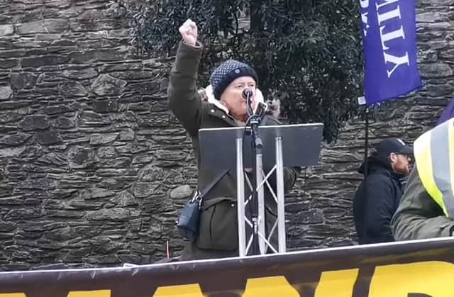 Ellen Moore speaking at a recent Cost of Living Crisis Campaign rally in Derry. (Picture via YouTube / Joe Moore)