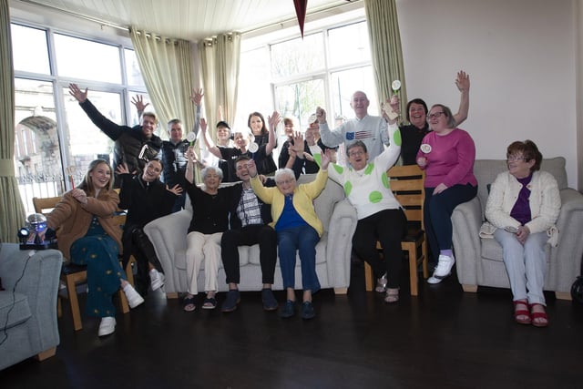 Residents and staff of Alexander House show their support for Damian McGinty on Tuesday morning when he and dance partner Kylee visited.
