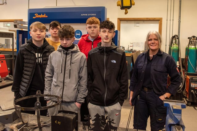 NWRC Fabrication and Welding Lecturer Shannon Cartin pictured with pupils from St Joseph's Boys School at Open Day at NWRC's Springtown Campus. 