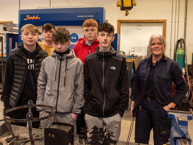 NWRC Fabrication and Welding Lecturer Shannon Cartin pictured with pupils from St Joseph's Boys School at Open Day at NWRC's Springtown Campus. 