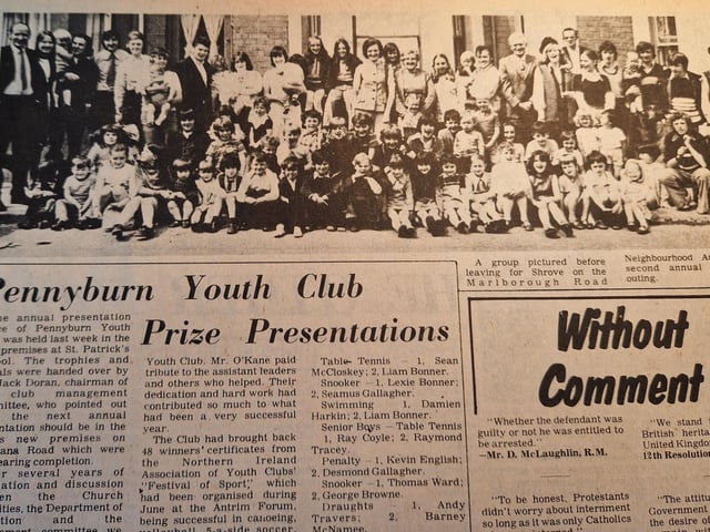 The article mentions the construction of the current Pennyburn Youth Club, saying: "Mr. Jack Doran, chairmen of the club management committee, who pointed out that the next annual presentation should be in the club's new premises on Buncrana Road which were nearing now completion."