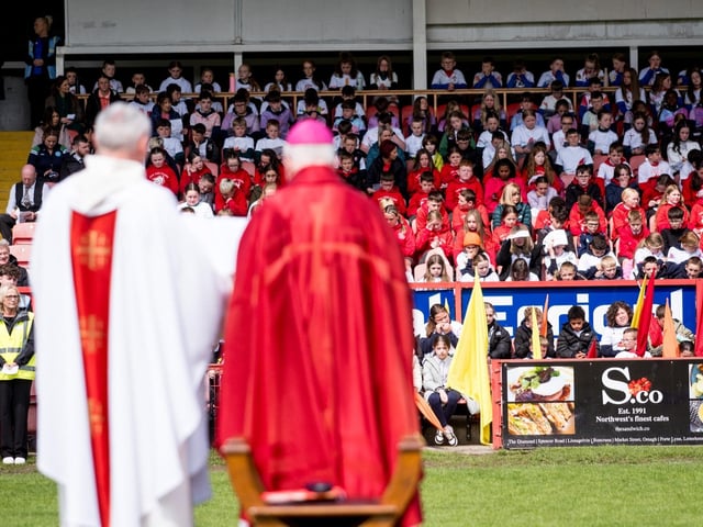 Participants at the Derry Diocese Fan The Flame annual Mass 2025 in Celtic Park.