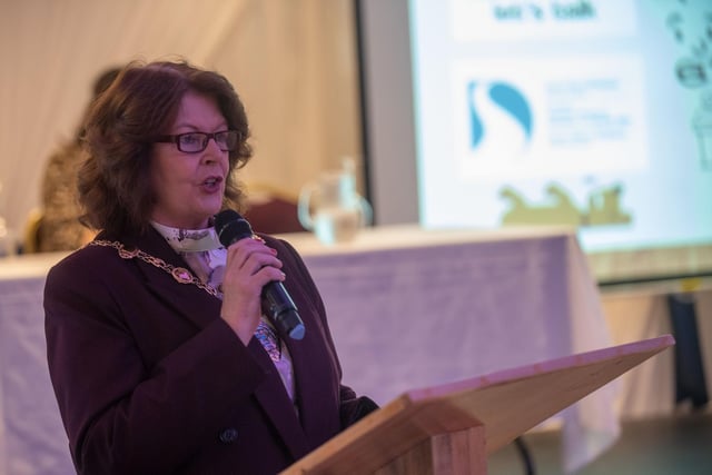 The Mayor Councillor Patricia Logue addresses the students at the opening of Derry City and Strabane District Council’s Good Relations Team Let’s Talk event. Picture Martin McKeown. 24.11.23