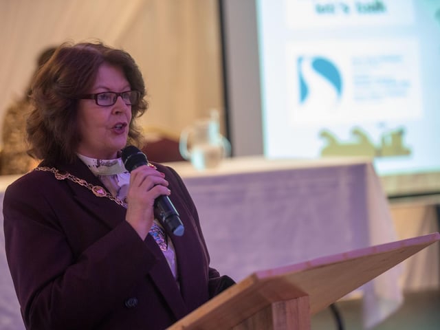 The Mayor Councillor Patricia Logue addresses the students at the opening of Derry City and Strabane District Council’s Good Relations Team Let’s Talk event. Picture Martin McKeown. 24.11.23