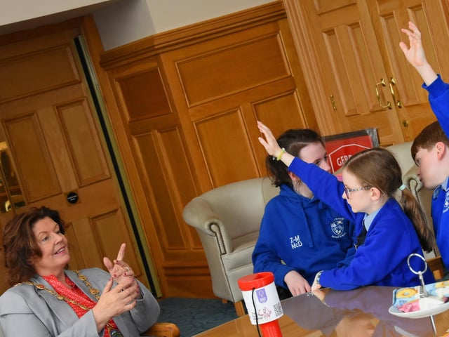 Mayor Patricia Logue answers some of the many questions the children from Nazareth House Primary School.