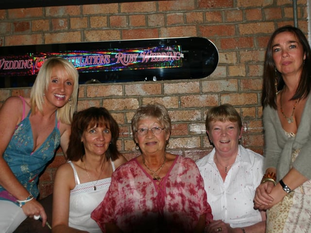 Left to right Michelle Glackin Marie Gray Ethna Glackin Ruby McDowell and Sharon Glackin having a good time at Ruby Anniversity in Bar Zu 7285dd : Parties in Derry in July 2005.