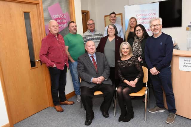 Pictured at Advice North-West’s Annual General Meeting are, front seated Sam McPherson Chair, Advice North West. Jackie Gallagher, Manager, Advice NW, Councillor Raymond Barr, Councillor Gary Donnelly Eddie Doherty, Bernie Heery, Vice Chair, Jodi Harte, Gerry Deeney. Back from left, Kevin Bradley Treasurer, Advice NW, Rosaleen French, Deputy Manager, Advice NW. (Photo: Jim McCafferty Photography)