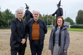 Phil Redmond with Aodhán Harkin, Strabane Neighbourhood Renewal/Growth Partnership Chair and Deirdre Harte, Programme Manager with Derry City and Strabane District Council at Let the Dance Begin. Picture Martin McKeown. 12.10.26