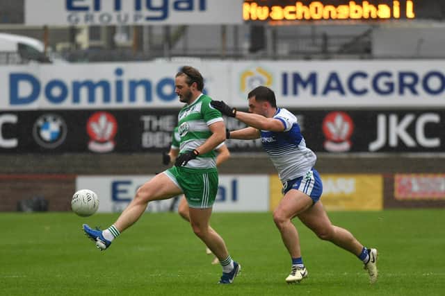 Ballinderry’s Oisin Duffin chases Faughanvale’s Michael Sweeney during Sunday's thrilling draw in Celtic Park. Photo: George Sweeney