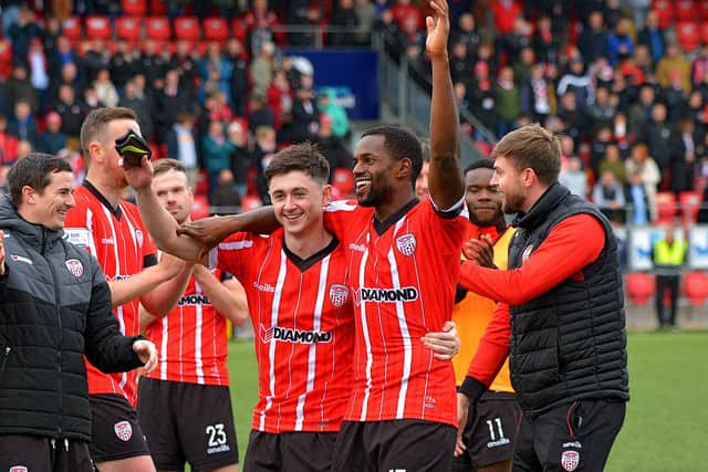 Derry City’s Sadou Diallo celebrates the club's FAI cup semi-final win over Treaty United. Photo: George Sweeney.  DER2242GS – 014