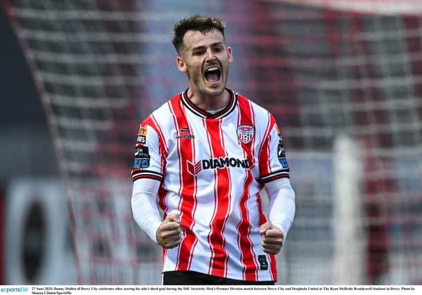 Danny Mullen of Derry City celebrates after scoring his side's third goal during the SSE Airtricity Men's Premier Division match between Derry City and Drogheda United at The Ryan McBride Brandywell Stadium in Derry. Photo by Shauna Clinton/Sportsfile