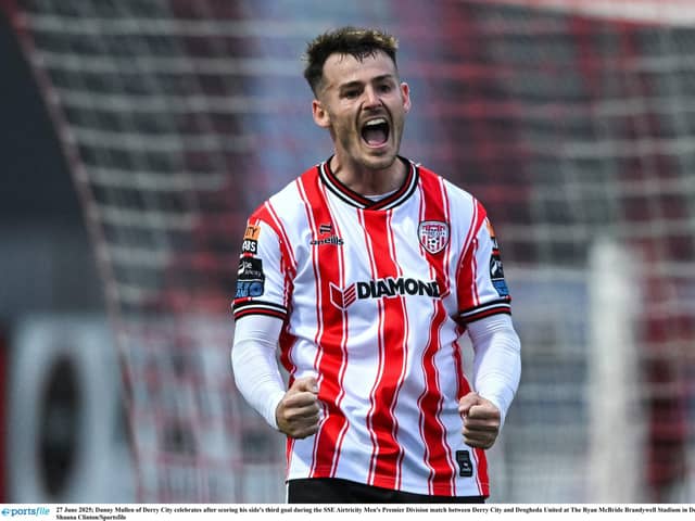Danny Mullen of Derry City celebrates after scoring his side's third goal during the SSE Airtricity Men's Premier Division match between Derry City and Drogheda United at The Ryan McBride Brandywell Stadium in Derry. Photo by Shauna Clinton/Sportsfile