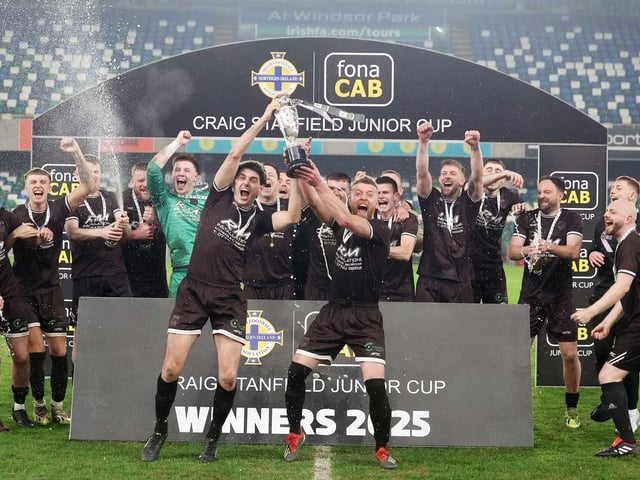 Celebration time for Ardmore after Friday's fonaCAB Craig Stanfield Irish Junior Cup final at Windsor Park. (Photo: IFA)
