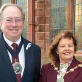 Derry City and Strabane District Council Mayor, Councillor Patricia Logue pictured with The Lord Mayor of teh City of London, Michael Mainelli when he visited the Guildhall. Picture Martin McKeown. 24.11.23