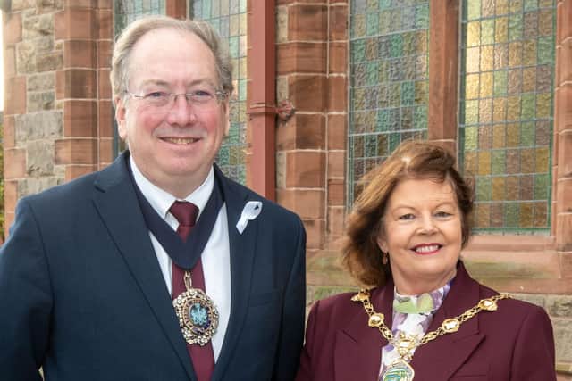 Derry City and Strabane District Council Mayor, Councillor Patricia Logue pictured with The Lord Mayor of teh City of London, Michael Mainelli when he visited the Guildhall. Picture Martin McKeown. 24.11.23