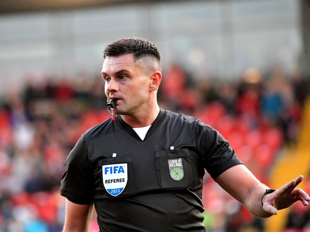 FIFA referee Rob Hennessy was in charge of Derry City’s game against Shelbourne in the Ryan McBride Brandywell Stadium. Photo: George Sweeney. DER2321GS - 85