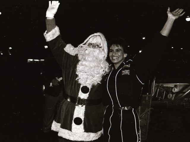 Santa, with help from TV Gladiator Falcon, also known as Bernadette Hunt, switched on the Derry Christmas lights.