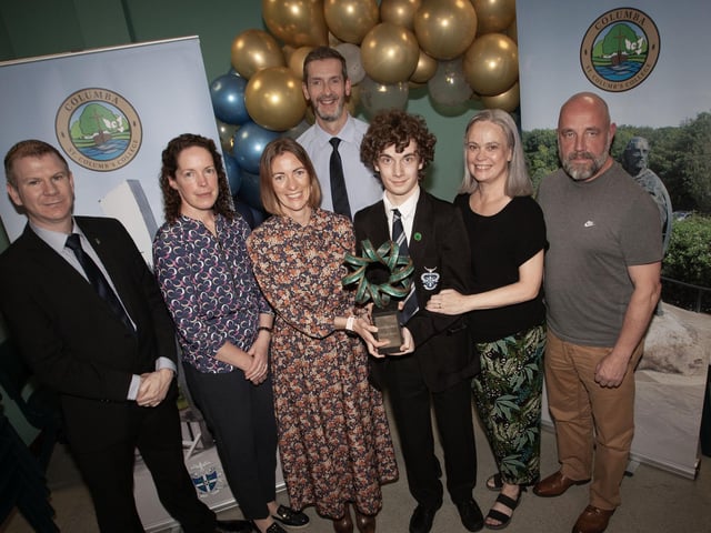 Eoin Havord, St. Columb's College, winner of the Doctor Michael North Prize for Science at last week's prizegiving, receiving his award from Mrs. U Grimley, Head of Biology and Senior teacher. Included from left are Mr V. Doherty, Head of Physics, Mrs U, Grimley, Head of Biology and Senior Teacher, Mr G. McCay, Head of Chemistry and Eoin's parents.