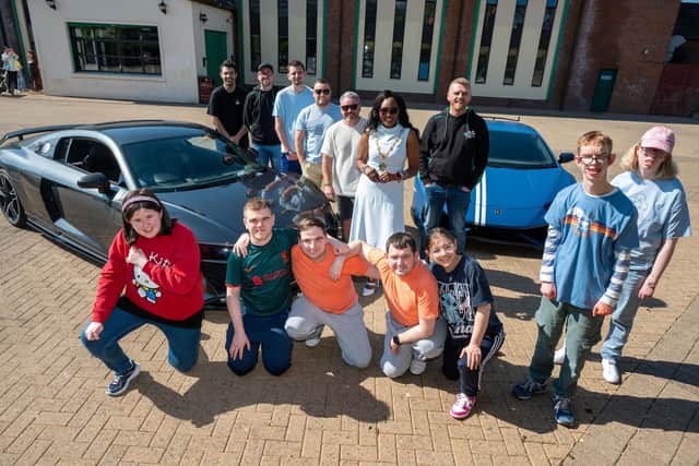 The Mayor Councillor Lilian Seenoi-Barr pictured with Bud Club’s Gavin Melly and Gary and Stephen McCaul they met with young people from the Mayoral Charity Bud Club ahead of Super Car Saturday in Guildhall Square on the Saturday of May 24. Picture Martin McKeown. 09.04.25