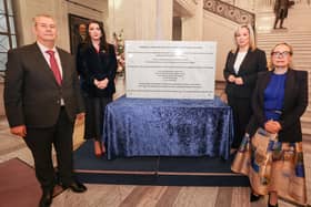 Pictured at the at the unveiling of the Historical Institutional Abuse memorial plaque in the Great Hall, Parliament Buildings are First Minister Michelle O’Neill, deputy First Minister Emma Little-Pengelly, NI Assembly Speaker Edwin Poots and Fiona Ryan, Commissioner for Survivors of Institutional Childhood Abuse.