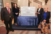 Pictured at the at the unveiling of the Historical Institutional Abuse memorial plaque in the Great Hall, Parliament Buildings are First Minister Michelle O’Neill, deputy First Minister Emma Little-Pengelly, NI Assembly Speaker Edwin Poots and Fiona Ryan, Commissioner for Survivors of Institutional Childhood Abuse.