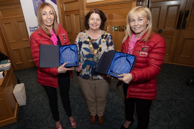 McMONAGLE SISTERS RECOGNISED. . . . . Sisters Paula McGilloway and Jaqueline McMonagle pictured being presented with awards in recognition of their recent athletics achievements when they represented Ireland at the British and Irish Masters Invitational in Glasgow - Jacqueline, gold medal winner and Paula, silver medal winner.