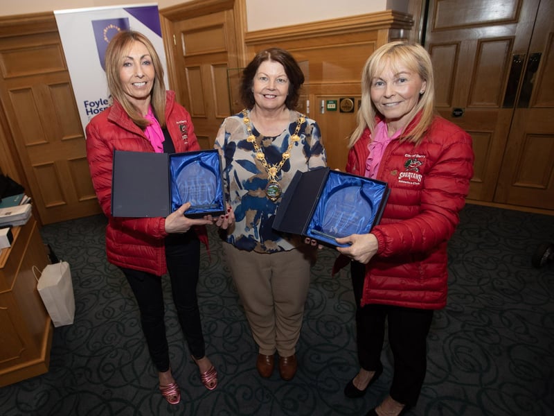 McMONAGLE SISTERS RECOGNISED. . . . . Sisters Paula McGilloway and Jaqueline McMonagle pictured being presented with awards in recognition of their recent athletics achievements when they represented Ireland at the British and Irish Masters Invitational in Glasgow - Jacqueline, gold medal winner and Paula, silver medal winner.