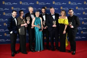 LONDON, ENGLAND - MAY 11: Martin McCann, Louise Gallagher, Stephen Wright, Amanda Black, Adam Patterson, Declan Lawn, Sian Brooke and Jack Casey pose with the Drama Series Award for 'Blue Lights' inside the Winners Room at the 2025 BAFTA Television Awards with P&O Cruises at The Royal Festival Hall on May 11, 2025 in London, England. (Photo by Stuart C. Wilson/Getty Images)