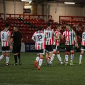 Derry City players congratulate Patrick McEleney scoring from a free kick against Institute. Photograph: George Sweeney