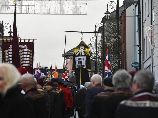 Apprentice Boys gather in Bishop Street for the burning of an effigy of the former governor of Derry Colonel Robert Lundy. Photo: George Sweeney