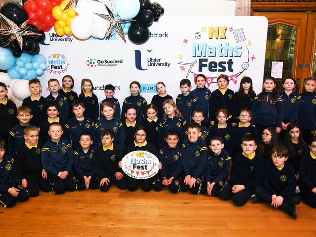 Gaelscoil Eadain Mhoir pupils pictured at the Foyle Kumon NI Maths Fest in the Guildhall. : .