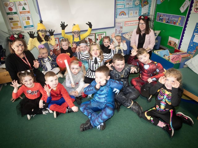 Ms Wilson and her P1 class pictured at Greenhaw on Friday. : .